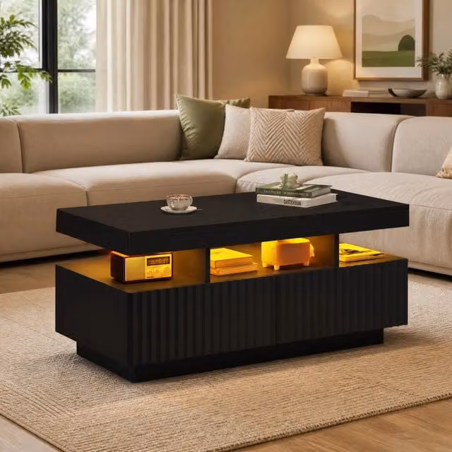 Tavolino basso moderno MIVRAY nero con 2 cassetti, vano aperto e illuminazione LED controllabile tramite app, L: 100 cm, P: 50 cm, H: 45 cm