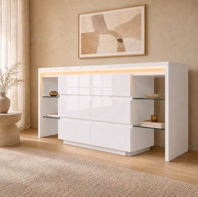 Madia con LED intelligente; 6 cassetti e 4 ripiani in vetro; 155x40x80 cm; bianco lucido