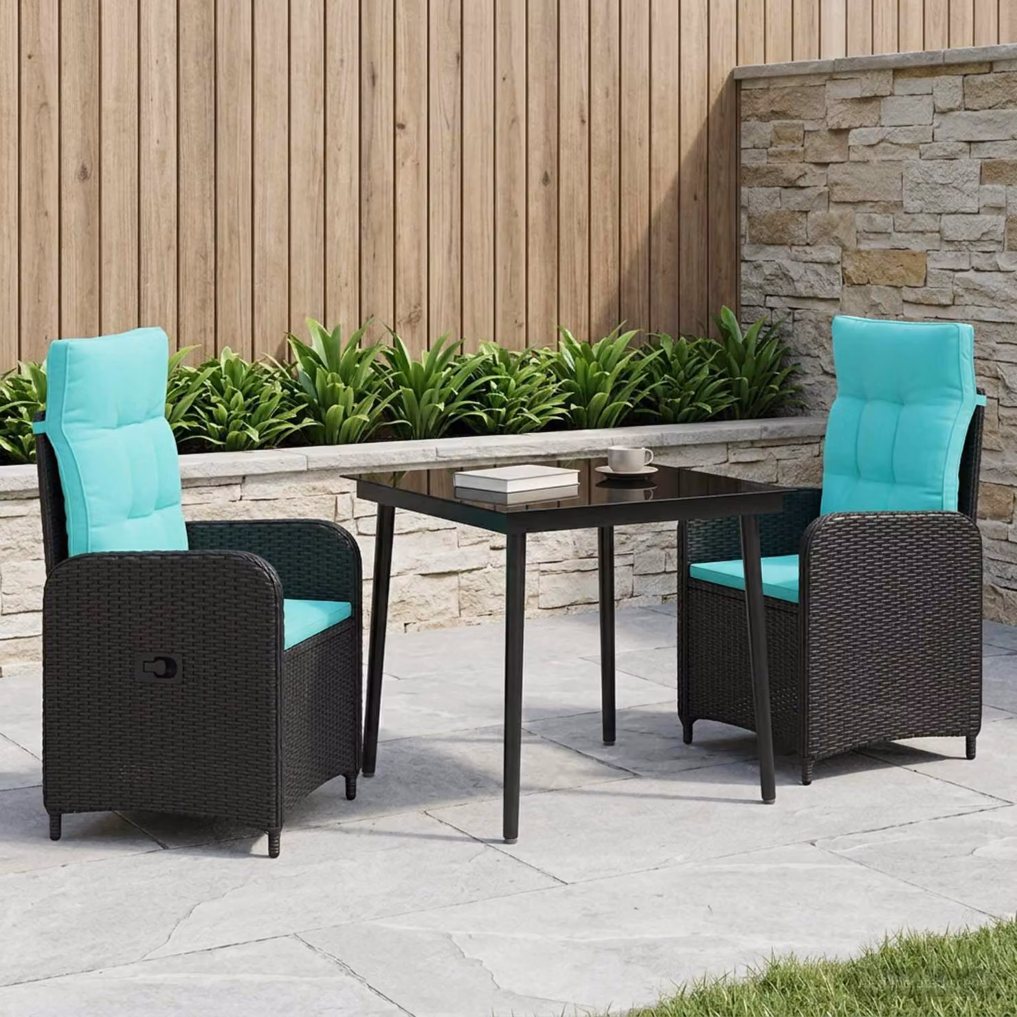 Set Tavolo da Salotto Moderno vidaXL in Metallo e Rattan, 3 Pezzi, Nero e Turchese