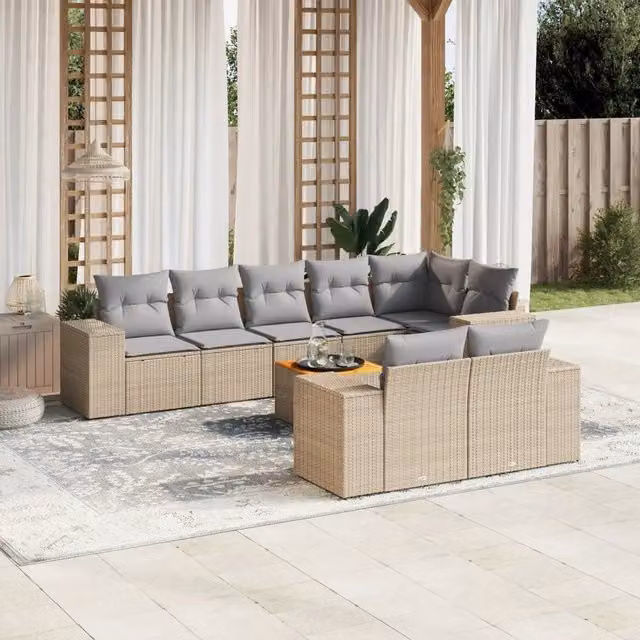 vidaXL Set Divano da Giardino a L in Polyrattan con Cuscini Beige e Grigio, 9 Pezzi con Tavolino e Sedute Moderno per Terrazza e Giardino
