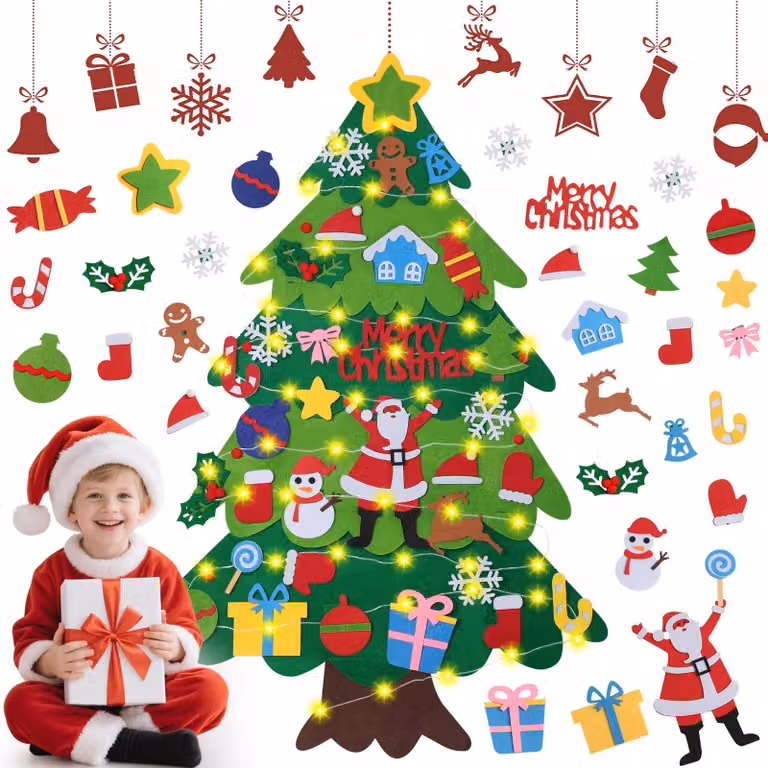 Albero di Natale in feltro, altezza 1,0 m, con 32 decorazioni, da personalizzare, decorazioni natalizie
