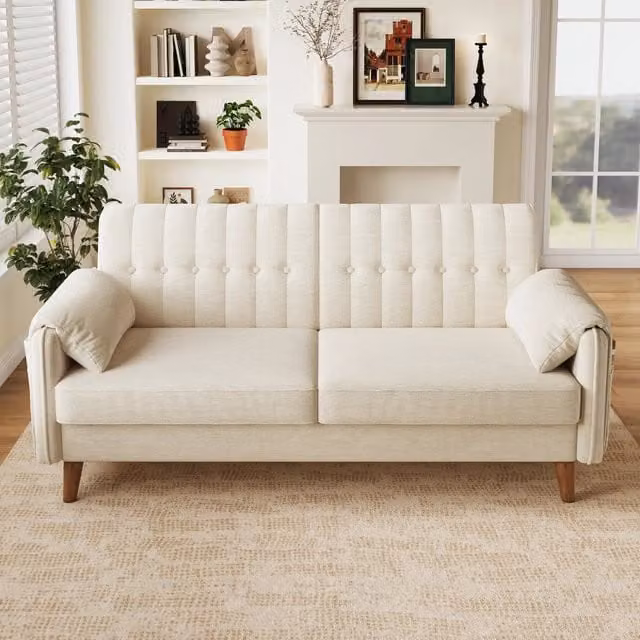 Divano a 2 posti in ciniglia con seduta spessa schienale ergonomico tasche laterali e gambe in legno beige