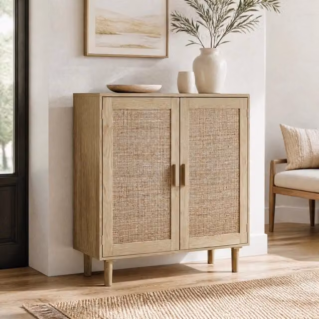 Mobile contenitore a due ante con rattan e vani aperti; maniglie in legno; naturale 80 × 40 × 88 cm