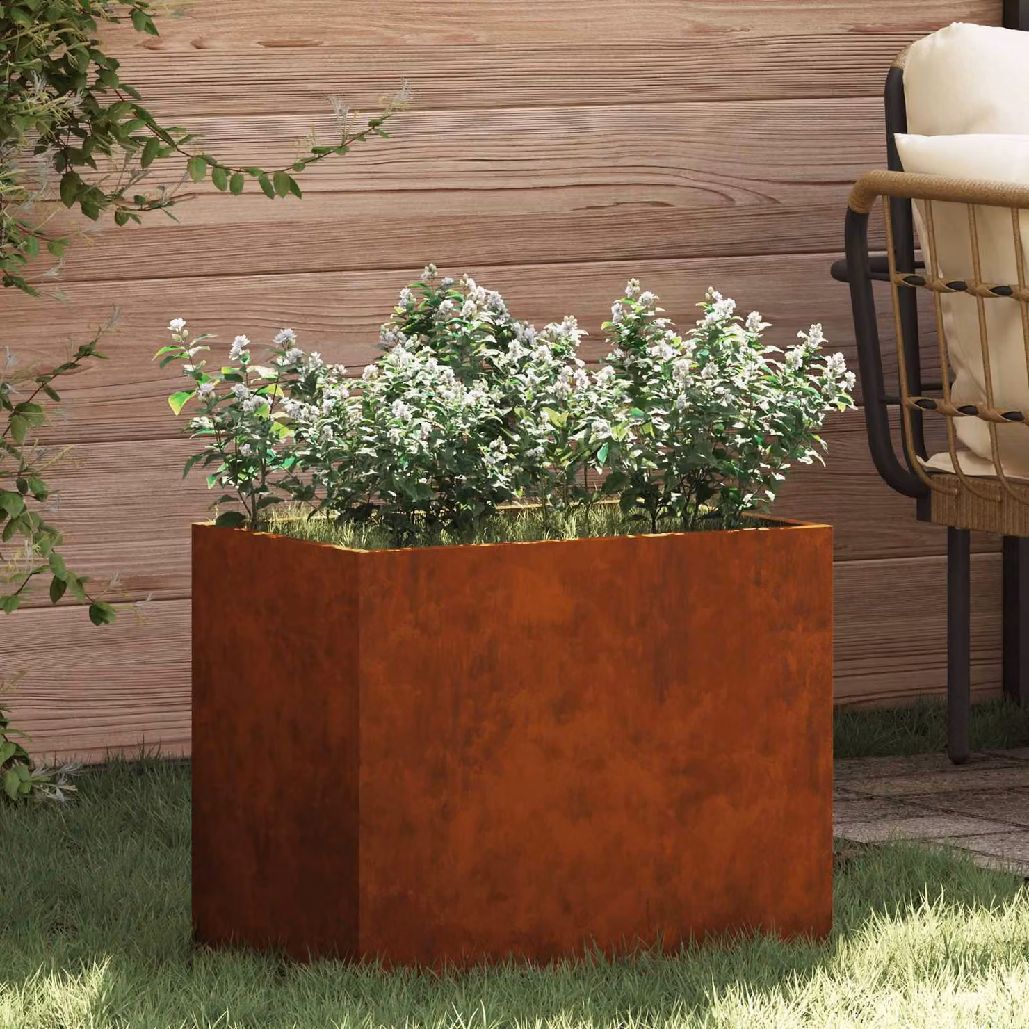 vidaXL Vaso da giardino rettangolare in metallo marrone L: 50 cm, P: 32 cm, H: 40 cm