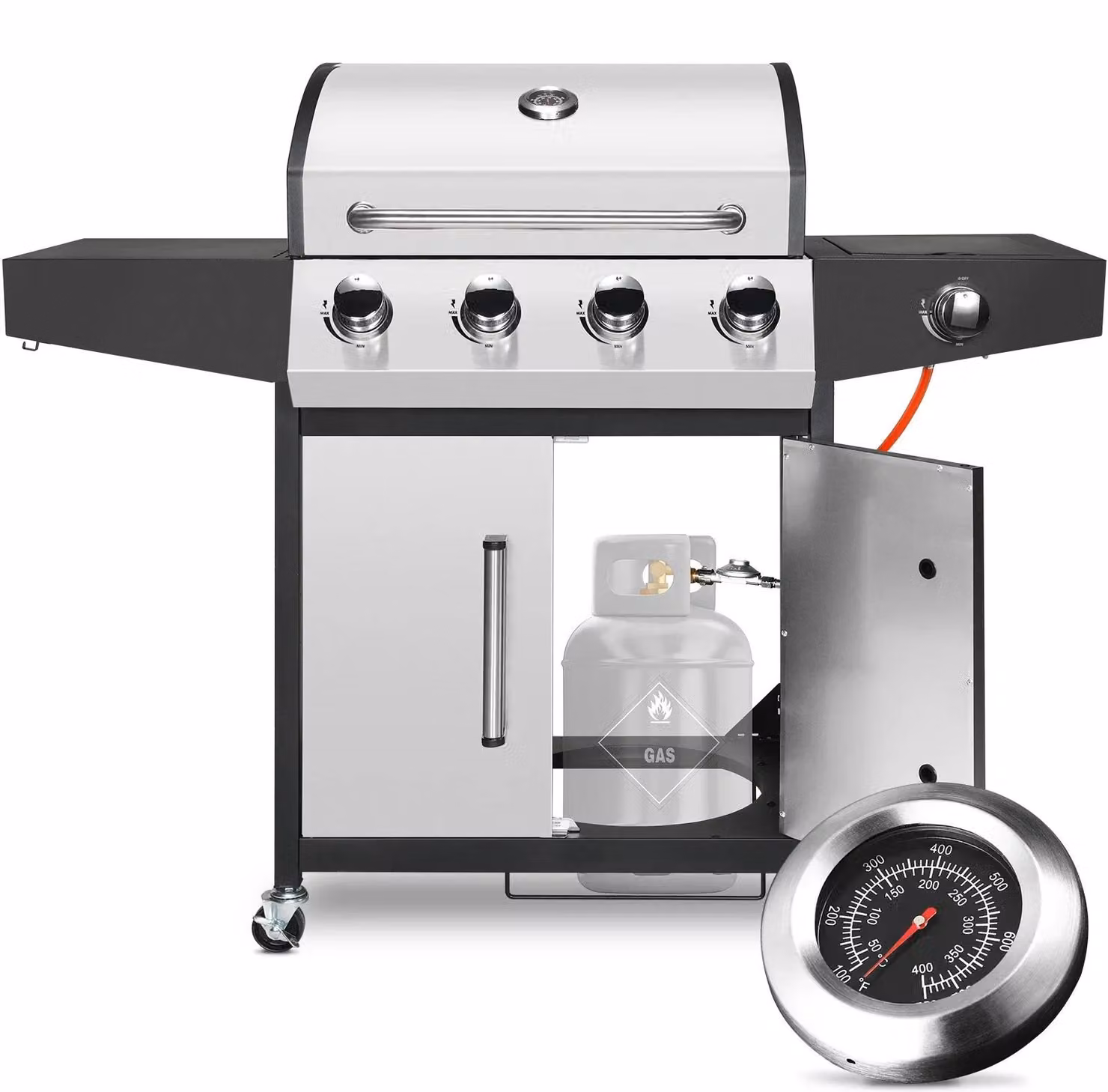 Griglia a gas con 4+1 bruciatori - Carrello per barbecue - Metano - Acciaio inossidabile - Ripiani laterali e coperchio - Ideale per giardino, terrazza, campeggio - Argento