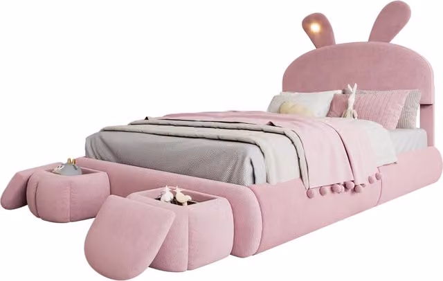 Letto contenitore rosa 140x200 cm con testiera a orecchie di coniglio, LED regolabile, sollevamento idraulico e sgabelli portaoggetti