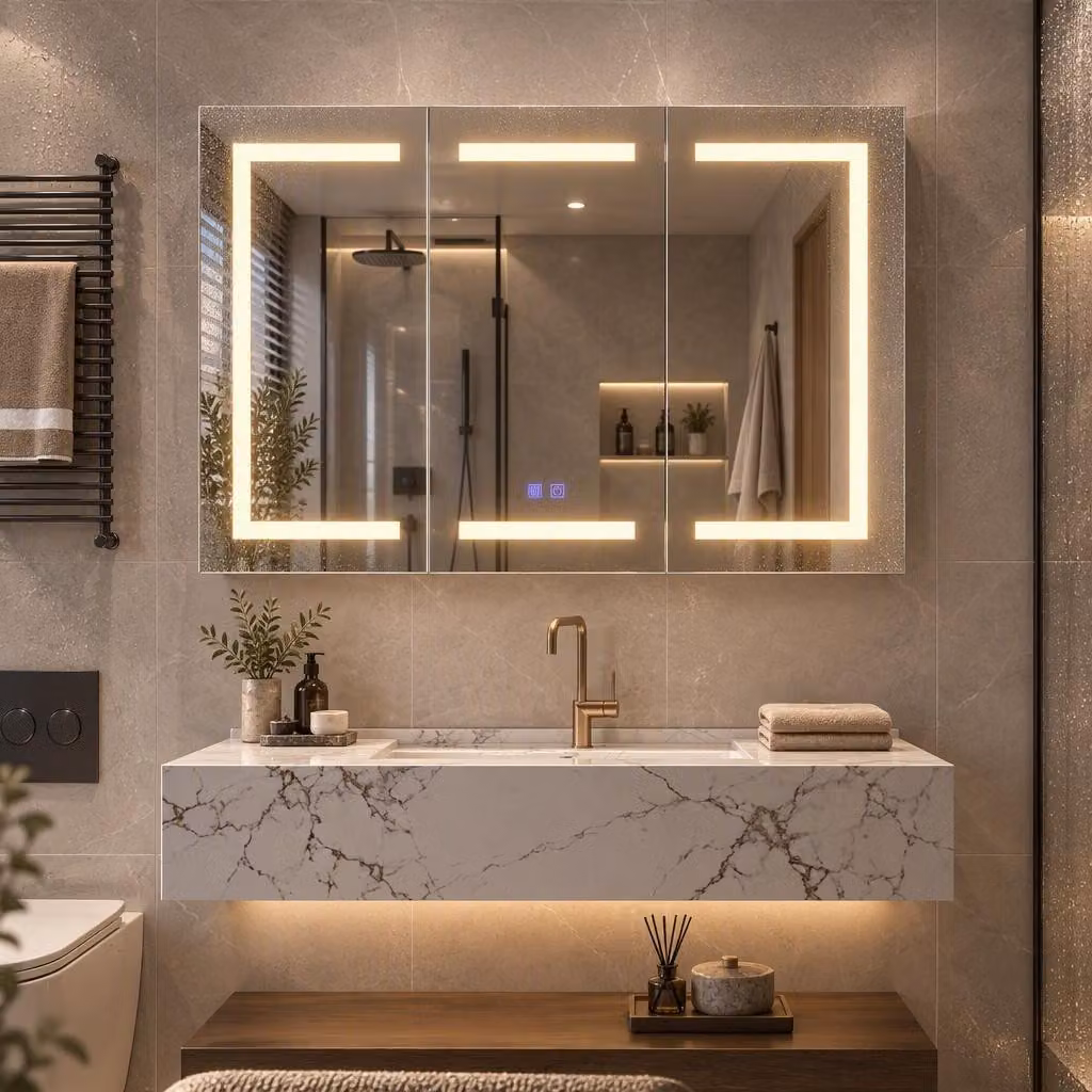 Armadio a specchio 120x13x90 cm, mobile bagno con LED e 3 ante. Armadio a specchio per il bagno con 3 LED e funzione antiappannamento. Mobile bagno con specchio e ante in vetro