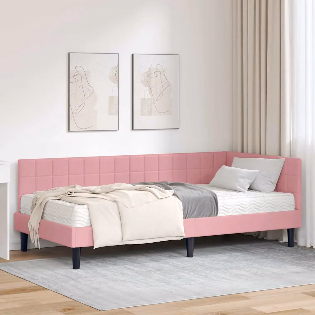 vidaXL Struttura Letto Angolare con 2 Materassi in Velluto Rosa L 200 x P 90 cm