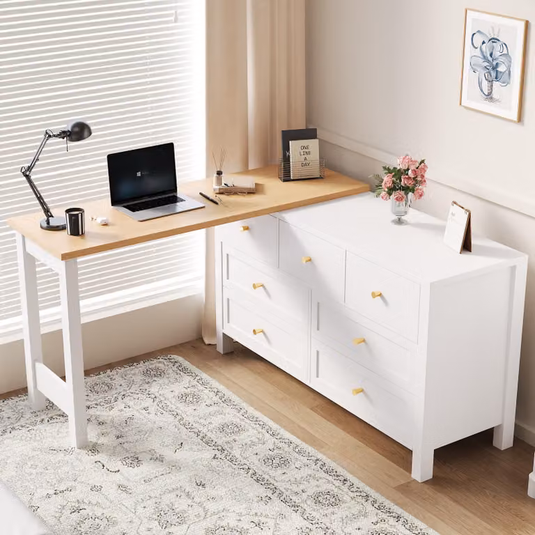 Scrivania MODFU girevole a 360°, scrivania ad angolo a forma di L, scrivania per computer portatile con 7 cassetti, tavolo per computer portatile a cassettiera con aspetto di quercia, bianco&naturale