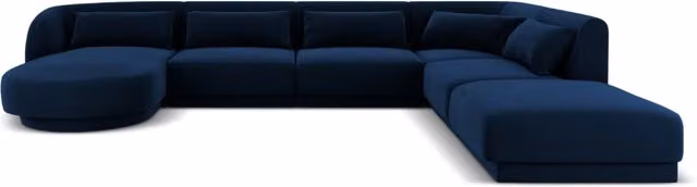 Divano panoramico destro Tulum di Cosmopolitan Design in velluto blu, 6 posti, L 330 cm x P 167 cm x H 70 cm