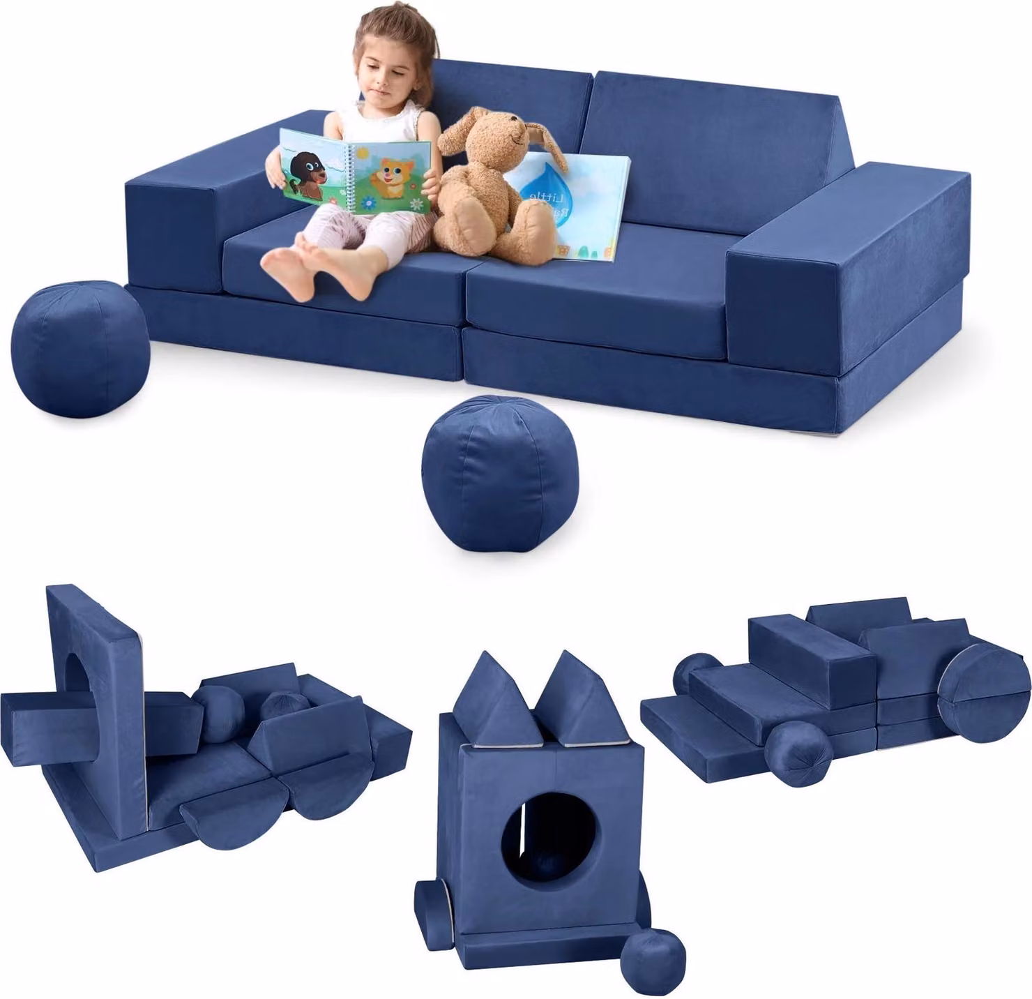 Divano gioco per bambini - Set divano modulare 12 pezzi - Ribaltabile - Trasformabile - Morbida schiuma - Con palline e tunnel - Struttura in plastica - Rosso vino