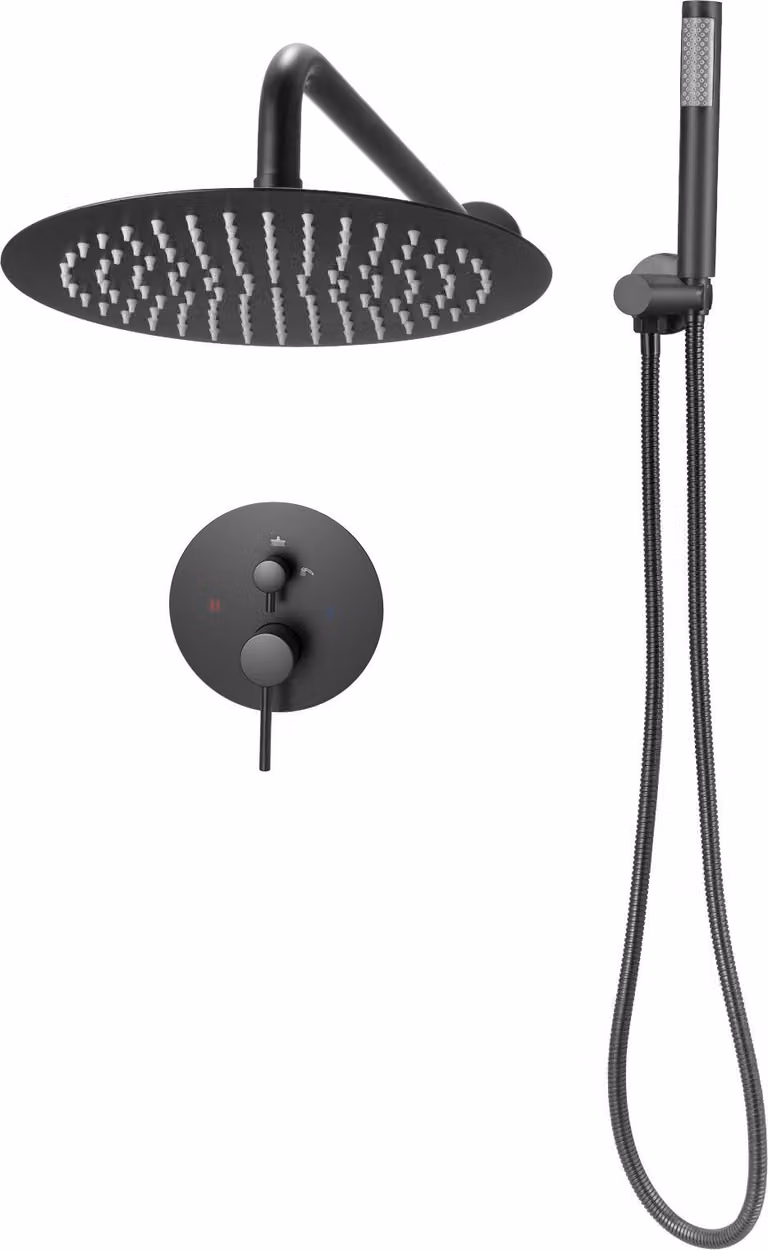 SucceBuy miscelatore doccia a pioggia per il bagno con soffione rotondo da 203 mm e doccetta, sistema doccia a parete con valvola in ottone e set decorativo, design nero opaco