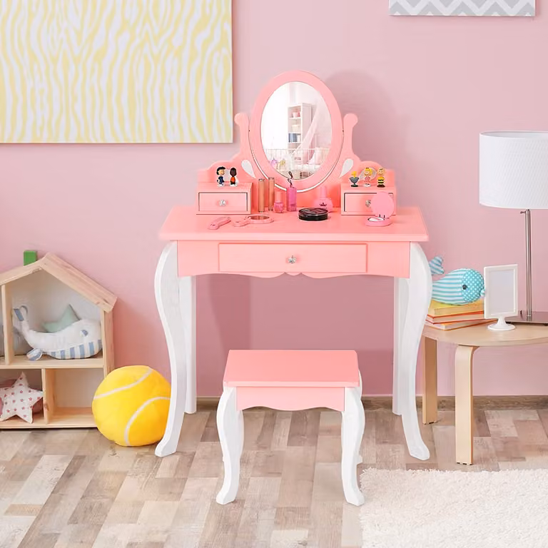 COSTWAY Tavolino da toilette per bambini con sgabello, tavolino da toilette per principesse con 3 cassetti e specchio girevole a 360°, tavolino da toilette rosa, tavolino da trucco per ragazze
