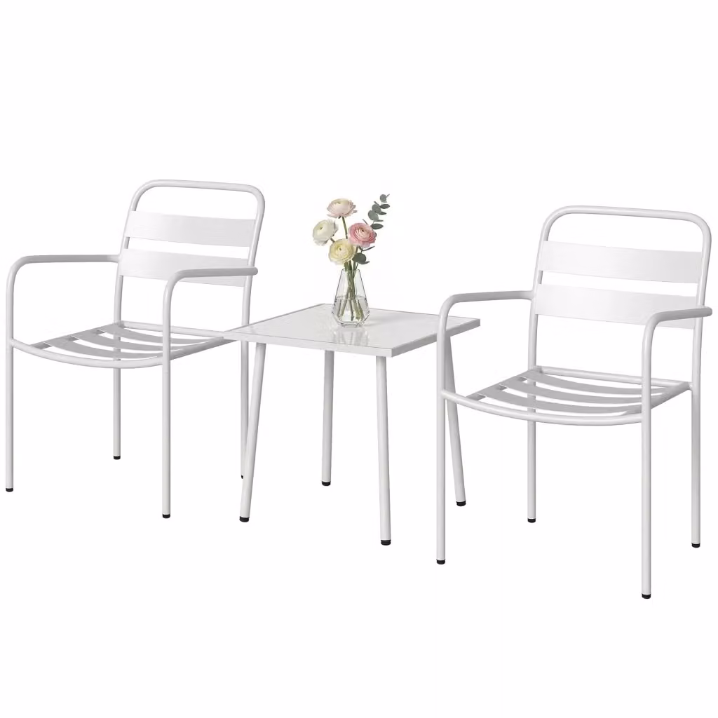 Set Bistrò da esterno 3 pezzi composto da tavolino quadrato in vetro e 2 sedie in acciaio verniciato bianco