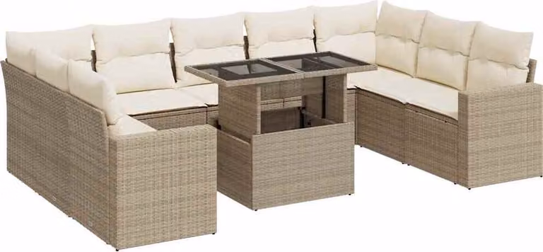 Set Divano da Giardino 10 pz con Cuscini Beige in Polyrattan