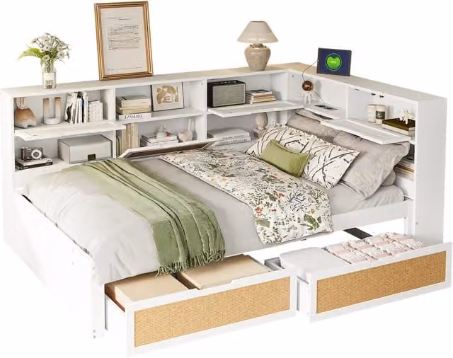Letto Matrimoniale a Divanetto Moderno con 2 Cassetti e Porte USB Bianco L/P/H: 200 x 140 x 80 cm
