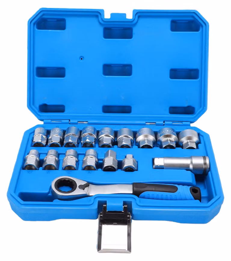 Set di chiavi a bussola da 17 pezzi con attacco da 3/8" a 1/2", comprendente bussole metriche e una chiave a rinvio a 72 denti, 2 in 1, realizzata in acciaio Cr-V