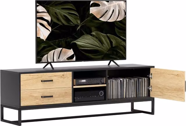 Mobile TV XYLO in legno naturale marrone con 2 cassetti e ante per schermi fino a 60 pollici L: 140 cm, P: 35 cm, H: 45 cm