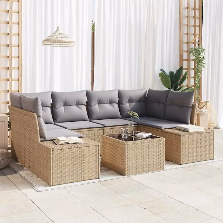 Set Divano da Giardino a L con Tavolino vidaXL, 8 Pezzi, Beige e Grigio, Polyrattan e Metallo