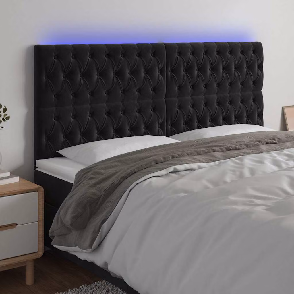 Testiera con LED e porta USB vidaXL in velluto nero, L: 180 cm, P: 7 cm, H: 118-128 cm – 1