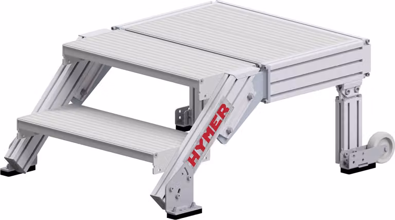 Piattaforma per scale Hymer con ampia superficie e 2 rotelle, larghezza gradino 0,6 m, 2 gradini