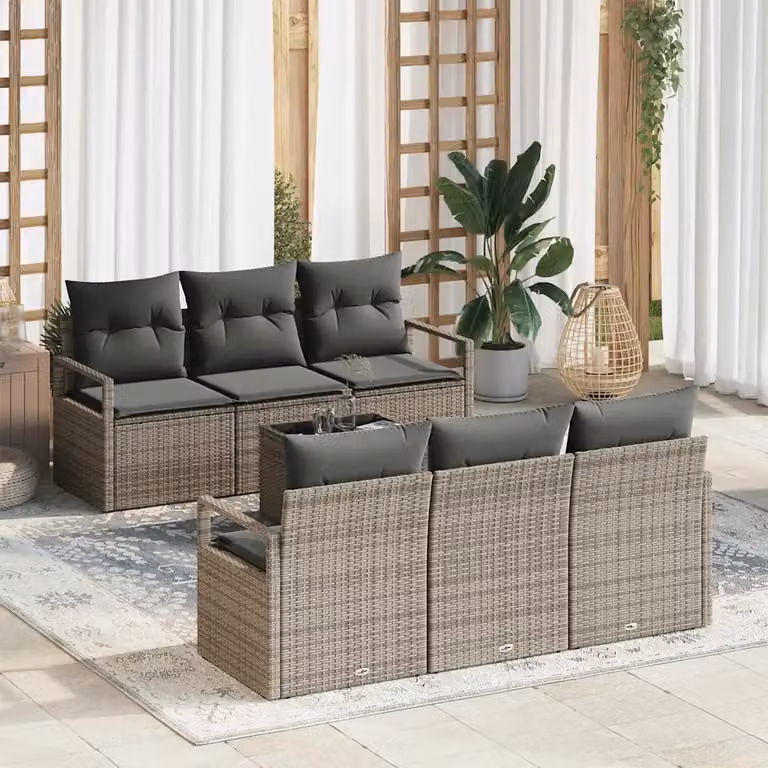 Set Divano da Giardino vidaXL 7 Pezzi Moderno a Forma di L Grigio con Cuscini e Tavolino
