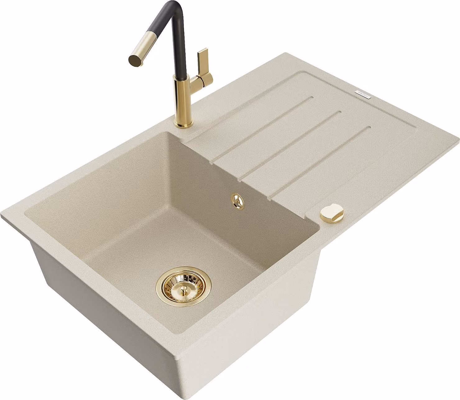 Mexen Bruno lavello in granito 1-vasca con sgocciolatoio e rubinetto da cucina Flora, beige - 6513-69-670401-57-G