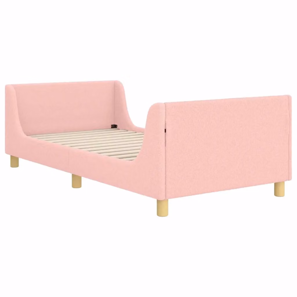 Struttura letto per bambini con testata e giroletto in tessuto bouclé rosa, dimensioni 90 x 190 cm – 2