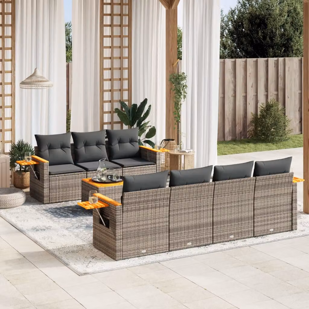 vidaXL Set Divano da Giardino 8 pz in Polyrattan Grigio con Cuscini Imbottiti e Tavolino – 1