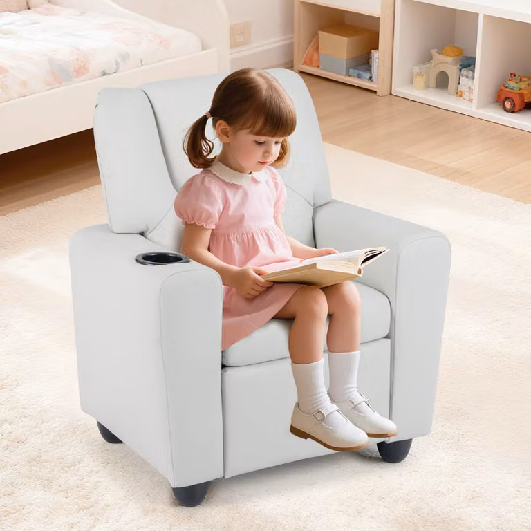 Poltrona reclinabile per bambini Costway in pelle artificiale con schienale regolabile, poggiapiedi e porta bicchiere, disponibile in beige o bianco