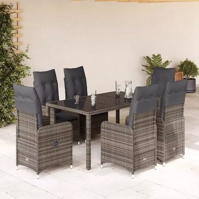 Set Bistrò da Giardino vidaXL in Polyrattan Grigio con Cuscini e Tavolo in Vetro, 7 Pezzi