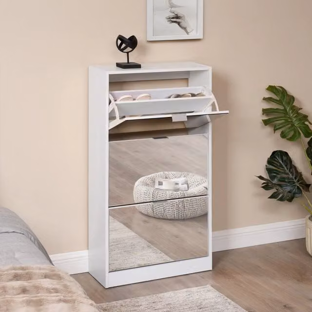 Scarpiera Salvaspazio Kragerø en.casa con 3 Contenitori Ribaltabili e Ante a Specchio Bianco L/P/H: 60 x 24 x 115 cm
