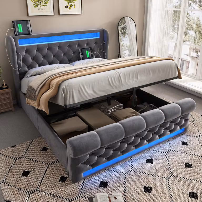 Letto imbottito 140x200 cm con illuminazione LED, porte USB e di tipo C, spazio contenitore ad apertura idraulica, rivestimento in velluto, testiera e pediera imbottite, colore grigio