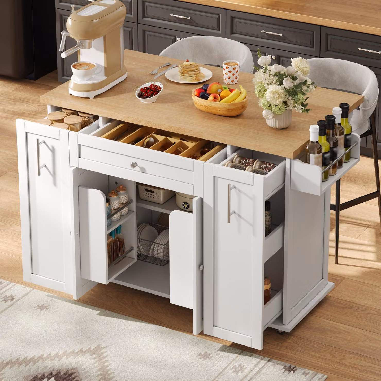 Isola mobile da cucina, dimensioni 120x45(70)x87 cm, piano di lavoro pieghevole, 3 cassetti, 2 ripiani a porta, ruote con freno.