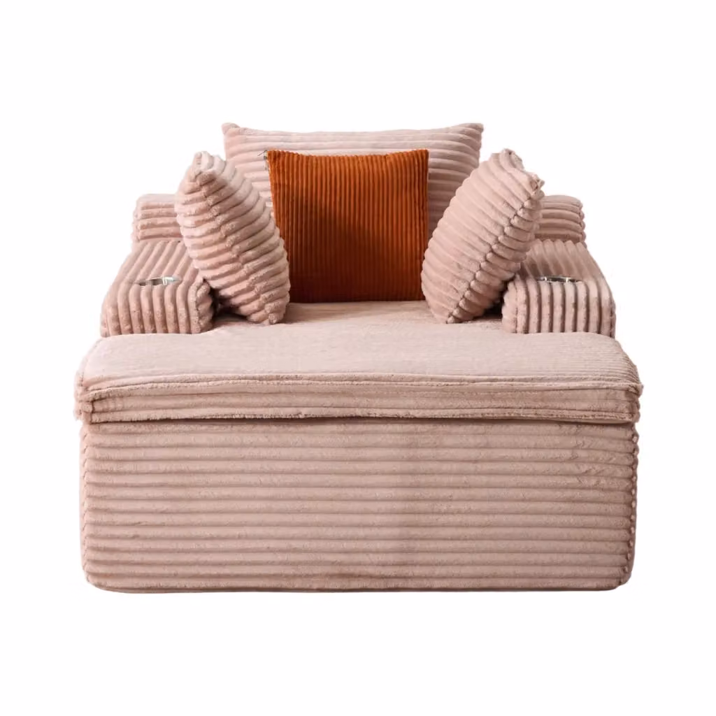Divano letto Chicfurn con chaise longue a sinistra in velluto a coste rosa, dotato di portabicchieri e 3 cuscini, L/P/H: 165 x 112 x 63 cm – 2