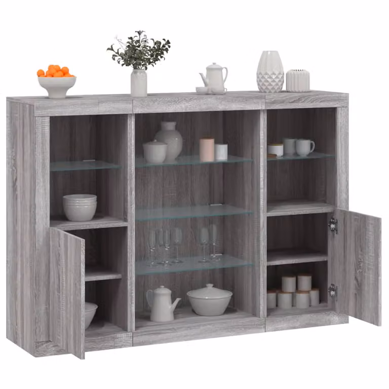 Set di 3 credenze moderne vidaXL con luci LED integrate in legno multistrato, colore grigio Sonoma