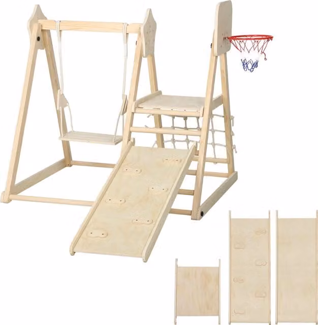 AIYAPLAY Gioco Arrampicata 5 in 1 Pieghevole in Legno con Scivolo, 2 Pareti, Altalena e Canestro, L 140 cm x P 172.5 cm x H 116.5 cm – 1