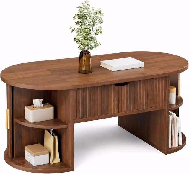 Tavolino sollevabile REDOM in MDF laminato marrone con meccanismo regolabile in altezza L/P/H: 100 x 50 x 40,5 cm