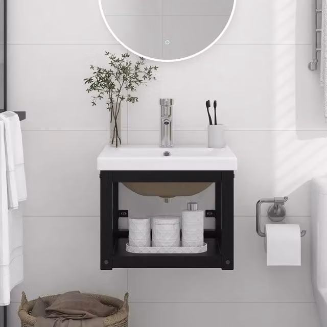 Lavabo da bagno moderno vidaXL con telaio in metallo nero e lavabo in ceramica bianca a parete L: 40 cm, P: 31 cm, H: 38 cm