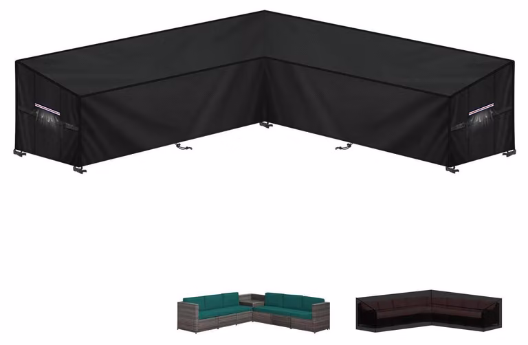 Copertura per divano da giardino a forma di L, dimensioni 265x265x100x90/65 cm, impermeabile, realizzata in tessuto Oxford 420D, resistente al vento e con sistema di ventilazione