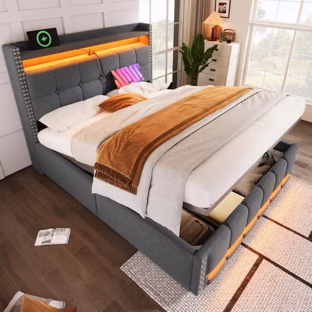 Letto matrimoniale contenitore in lino grigio con illuminazione LED 160x200 cm