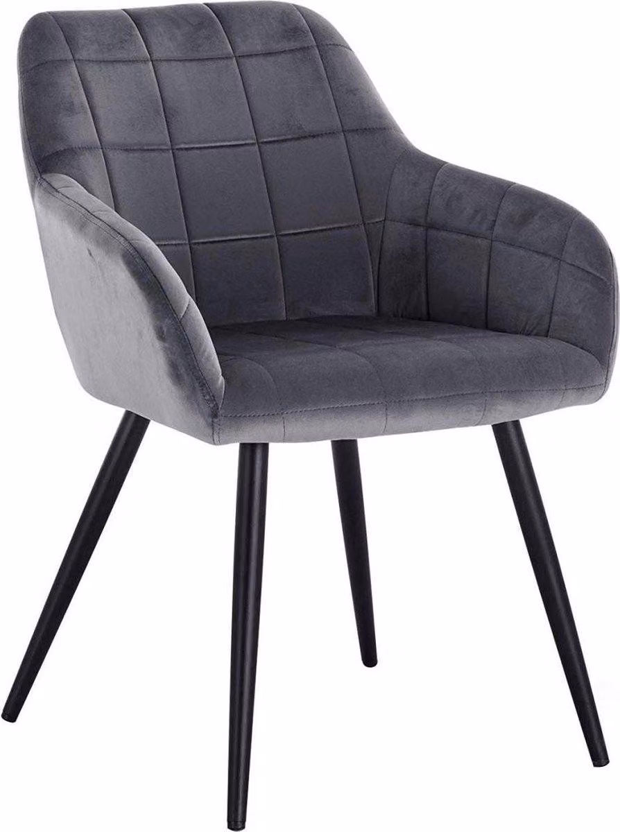 Sedia da pranzo Happyment Verino – Velluto grigio scuro – Gambe in metallo – Sedia singola – Poltrona – Con braccioli – Moderna e lussuosa – Altezza seduta 47 cm – 1 pezzo