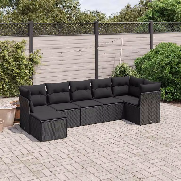 Set Divano da Giardino a L vidaXL con 7 Cuscini Nero in Polyrattan e Acciaio