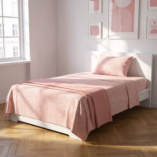 Completo letto 1 piazza e mezza righe fiocchi corallo
