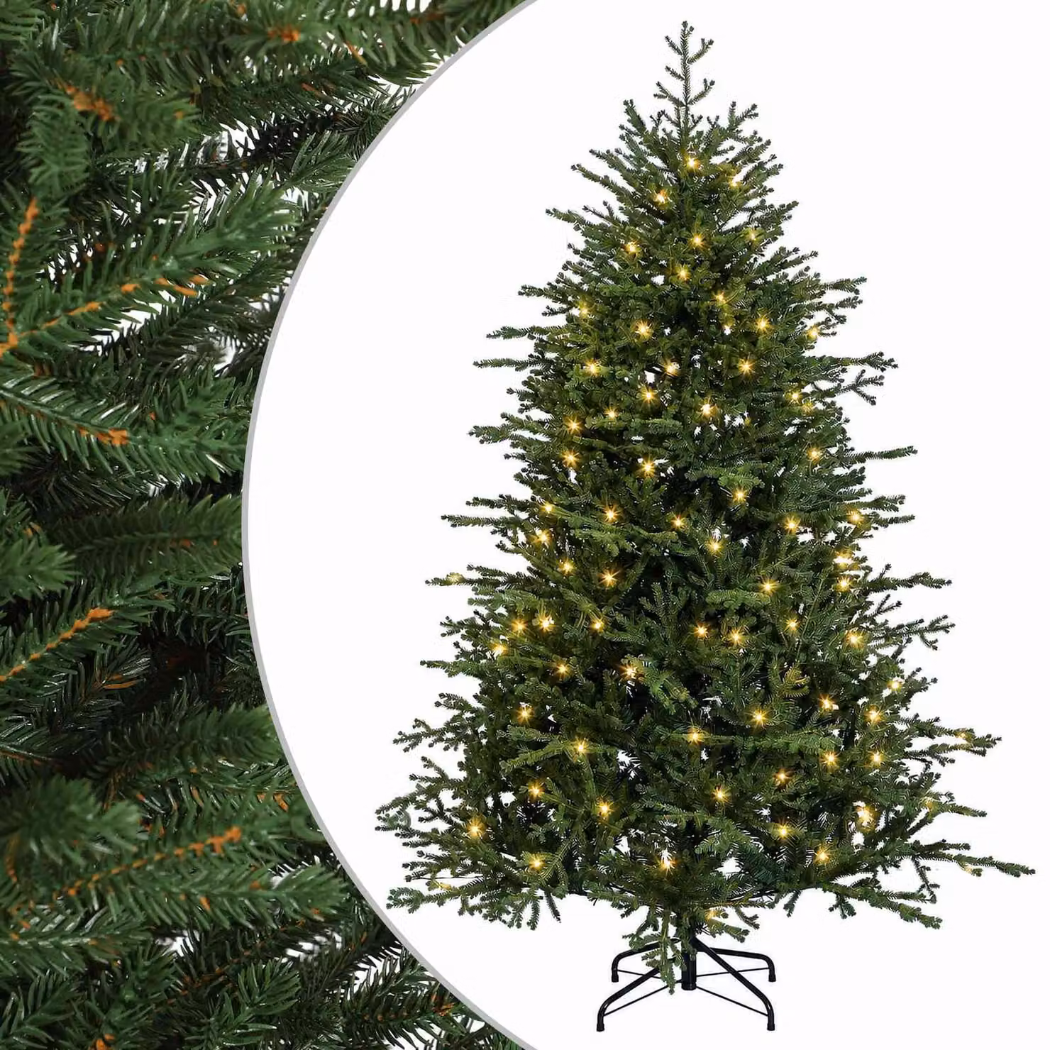 Albero di Natale Artificiale vidaXL Verde con 150 LED Luce Bianca Calda e Rami Pieghevoli in PVC e Metallo, Altezza: 150 cm