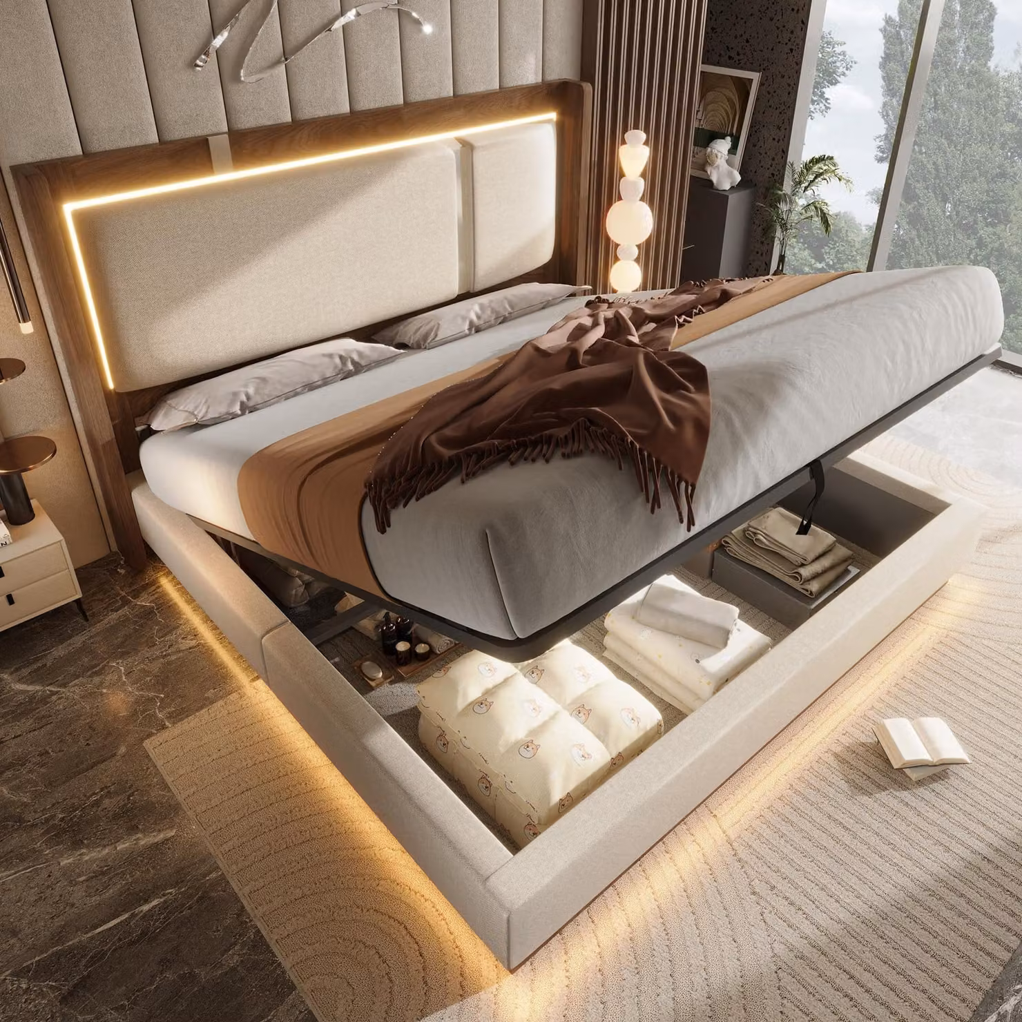 Letto matrimoniale MODFU 160 x 200 cm per ragazzi con testiera alta 60 cm illuminata a LED e rete a doghe, letto imbottito con contenitore idraulico, rivestimento in tessuto, senza materasso, beige + noce