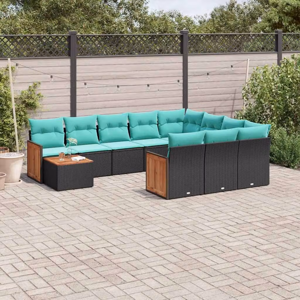 Set Divani da Giardino vidaXL 11 pz in Polyrattan e Legno di Acacia con Cuscini Nero