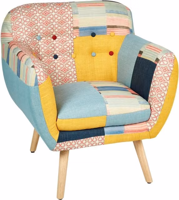 Poltrona Multicolore Tessuto Patchwork Tappezzeria Con Bottoni Retro Sedia Club Stile Retrò