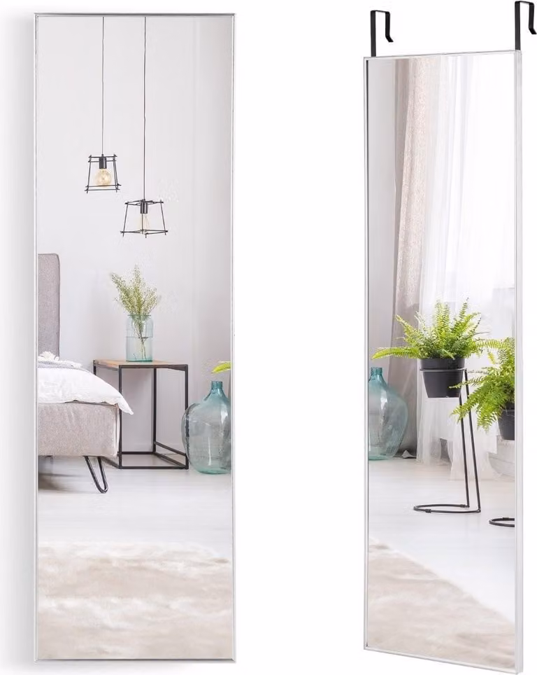 Specchio a figura intera 37 x 120 cm con ganci per appendere regolabili in altezza, specchio da parete argento