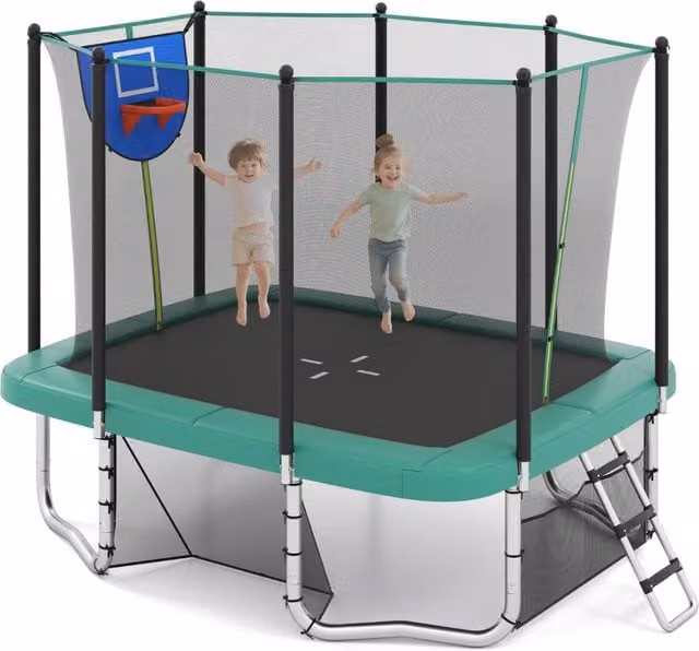 Trampolino robusto con canestro da basket porta da calcio scala antiscivolo, Trampolino rettangolare per esterno per bambini Verde-Trampolini